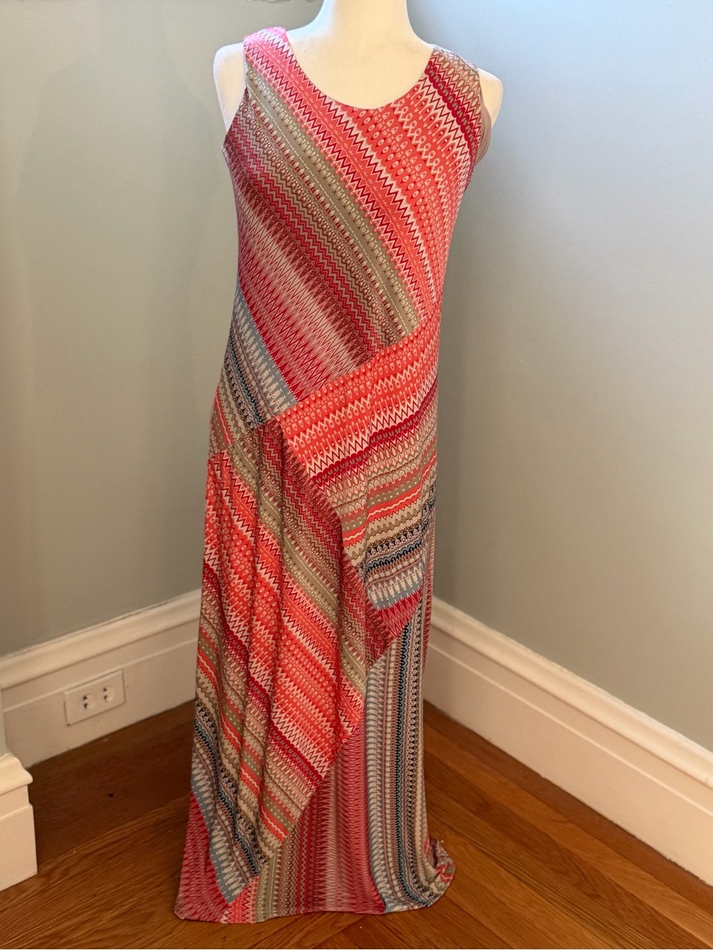 Chico’s Sleeveless Chevron Stripe Maxi Dress Coral Pink Blue Size 0